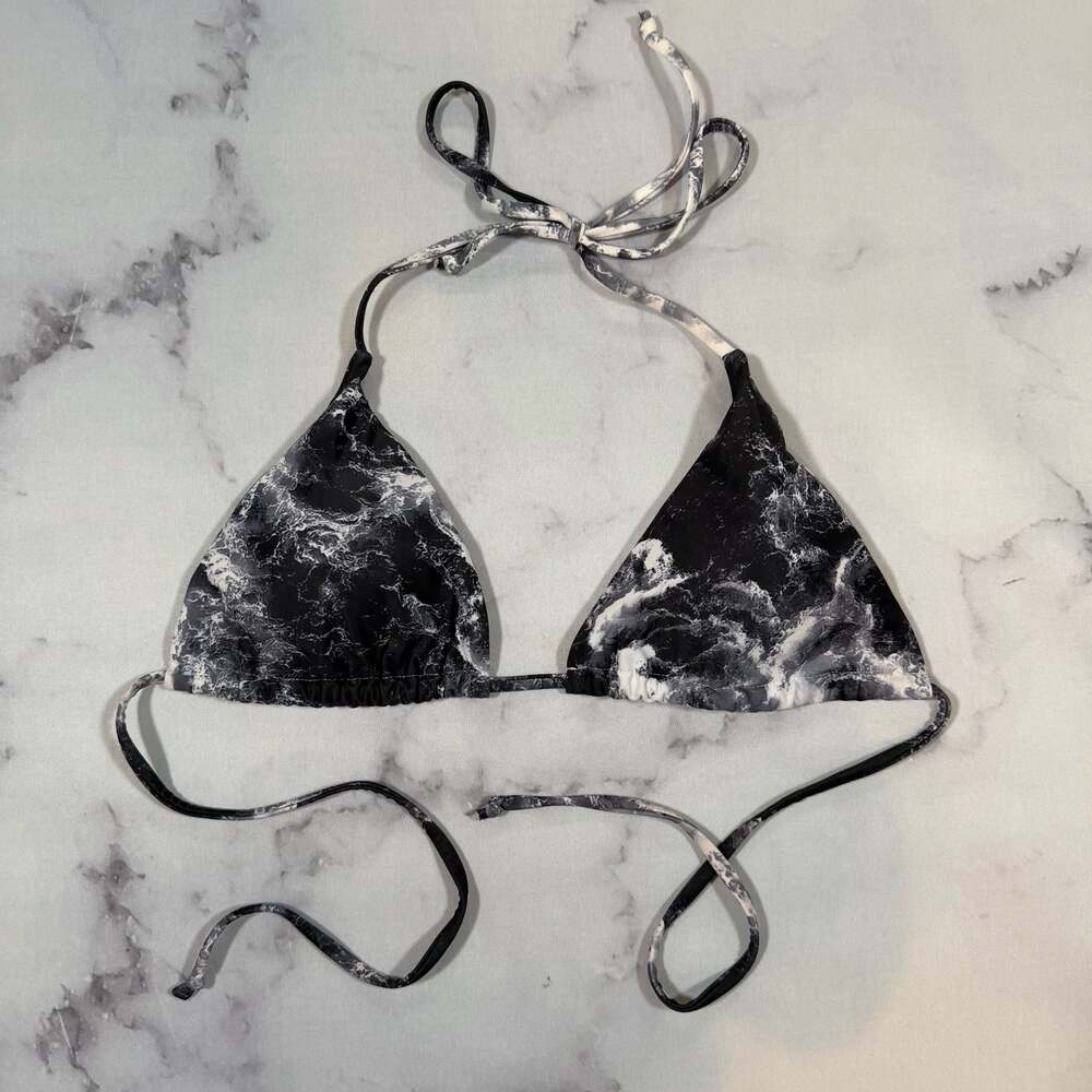Black and White Marble Print Triangle Bikini Swimsuit Top Padded Small